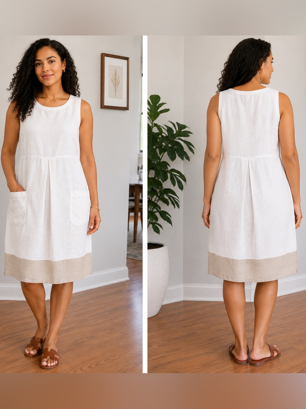 J.Jill Love Linen Womens L Dress Shift White Beige Lined Sleeveless Pockets